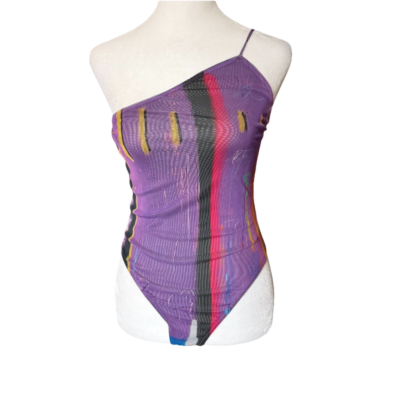 Zara David Pher Womens Medium Mesh Bodysuit One Shoulder Purple Print Artsy